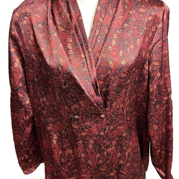 Notations Top Blouse Women Burgundy Paisley V Pleated Christmas Business Size 12 - Picture 3 of 11